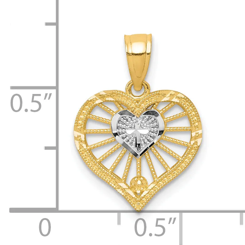 10K Gold Heart Pendant with Rhodium Cross Charm  Polished and Solid Design