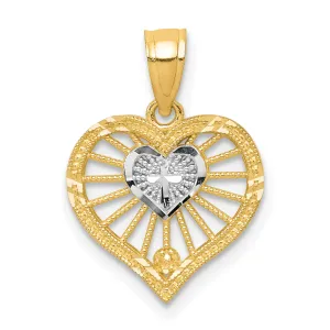 10K Gold Heart Pendant with Rhodium Cross Charm  Polished and Solid Design