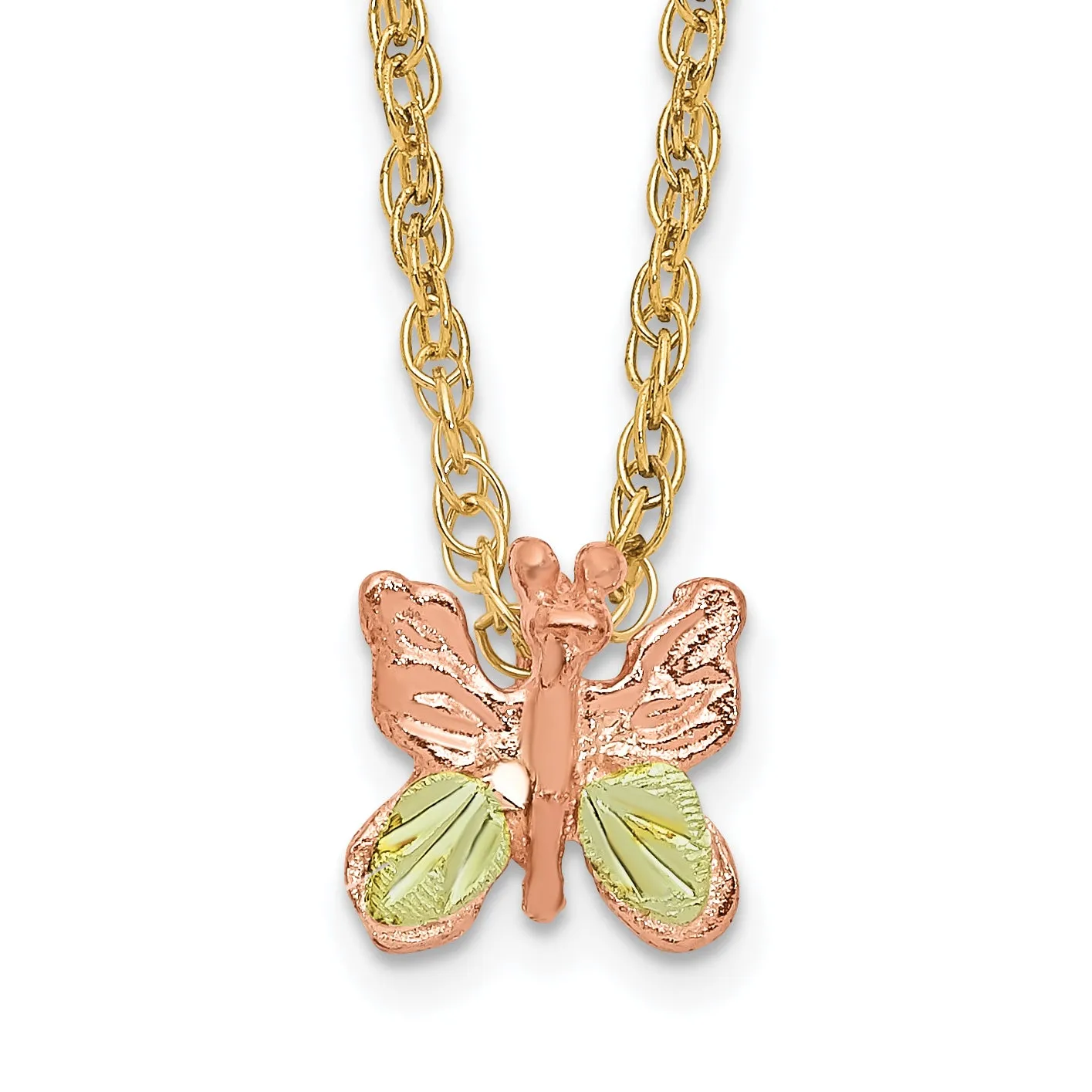 10K Tri-Color Gold Butterfly Necklace with Polished Diamond-Cut Finish