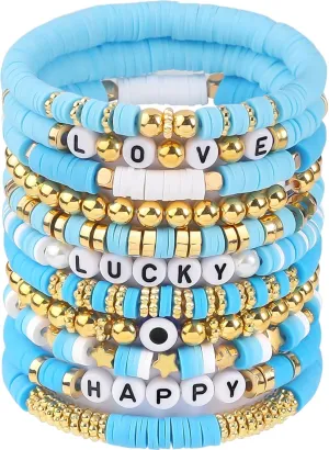 11pcs Beaded Bracelets Set Surfer Heishi Clay Bead Friendship Bracelets for Women Bohemian Stackable Evil Eye Vinyl Disc Beaded Stretch Bracelets Elastic Layering Preppy Y2K Bracelets Jewelry for Teen Girls