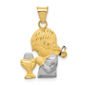 14K Gold and Rhodium Girl's Communion Pendant with Diamond-Cut Detailing