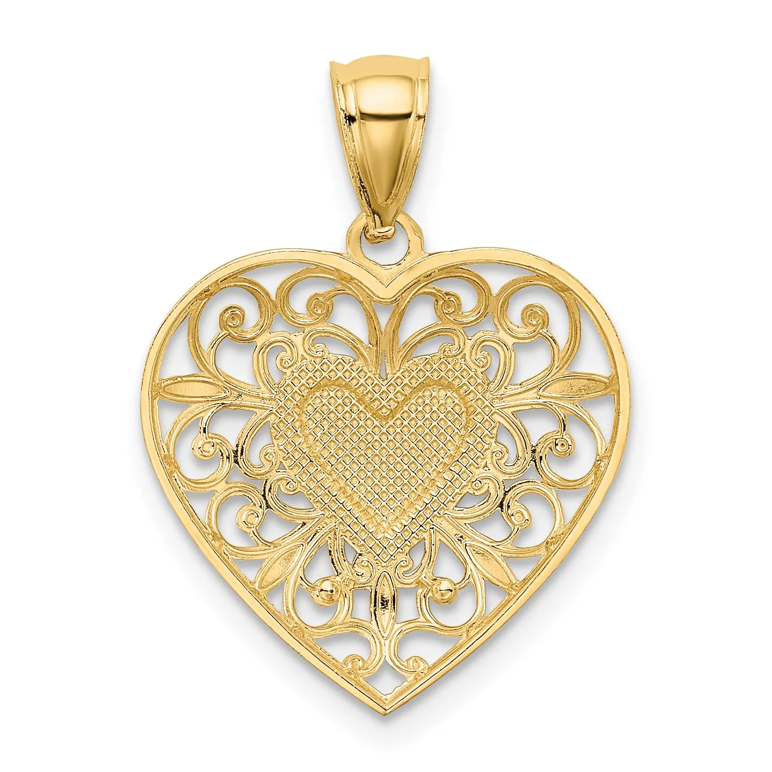 14K Gold and White Rhodium Filigree Heart Pendant, Polished Diamond-Cut Elegant Design