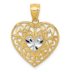 14K Gold and White Rhodium Filigree Heart Pendant, Polished Diamond-Cut Elegant Design