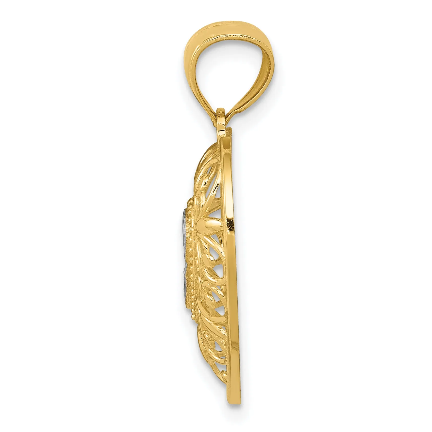 14K Gold and White Rhodium Filigree Heart Pendant, Polished Diamond-Cut Elegant Design