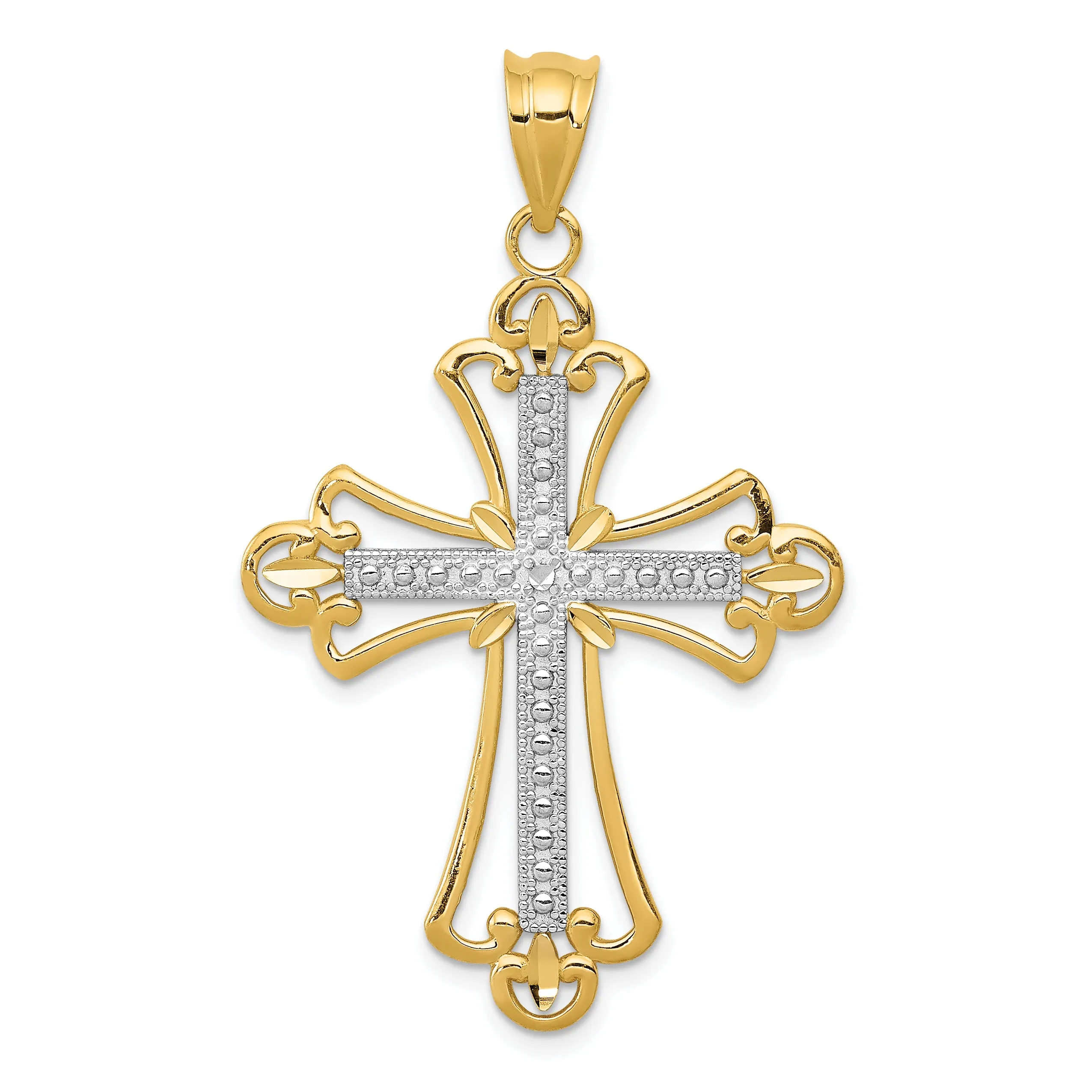 14K Gold Budded Cross Pendant with Rhodium Plating Elegant Solid Design