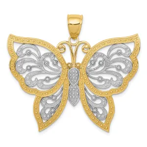 14K Gold Diamond-Cut Butterfly Pendant with Rhodium Accents Polished Finish