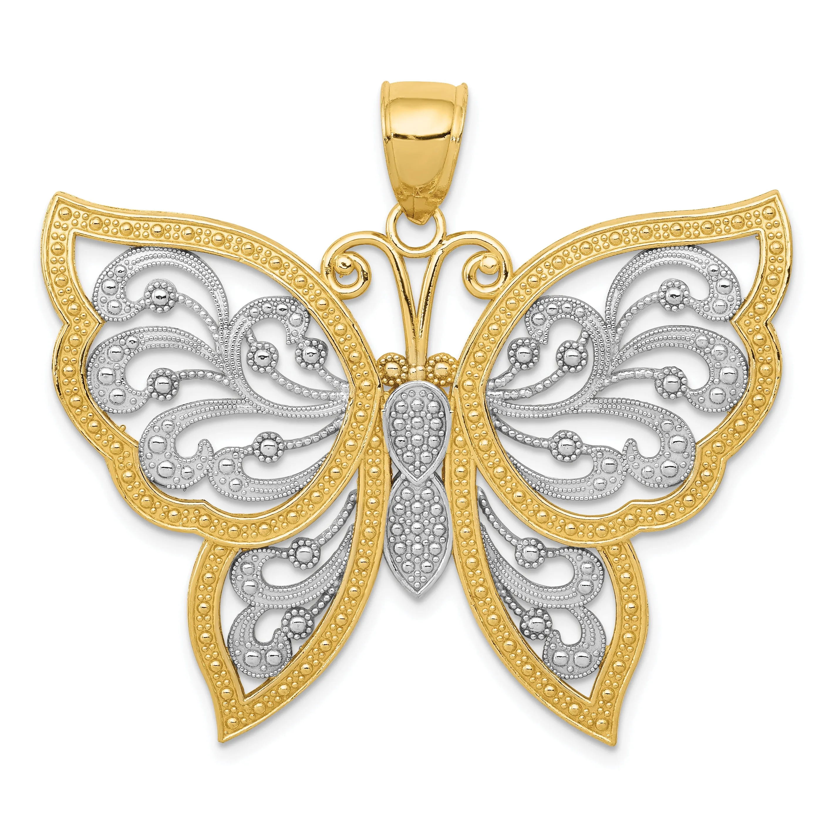 14K Gold Diamond-Cut Butterfly Pendant with Rhodium Accents Polished Finish