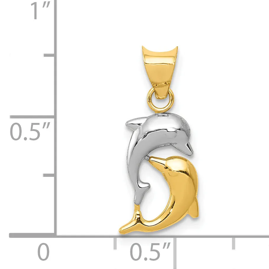 14K Gold Dolphin Pendant with Rhodium Accents Polished Finish