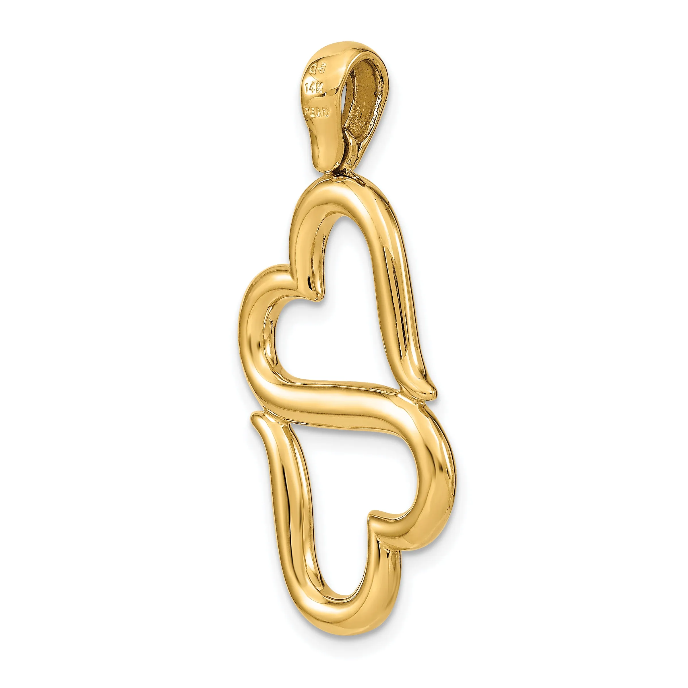 14K Gold Double Hearts Pendant with Polished Finish  Elegant and Solid Design