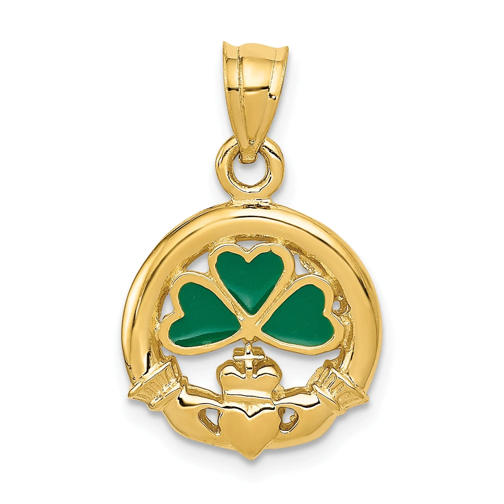 14K Gold Enameled Claddagh Charm with Polished Finish and Green Accent