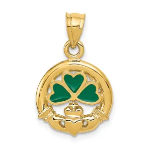 14K Gold Enameled Claddagh Charm with Polished Finish and Green Accent