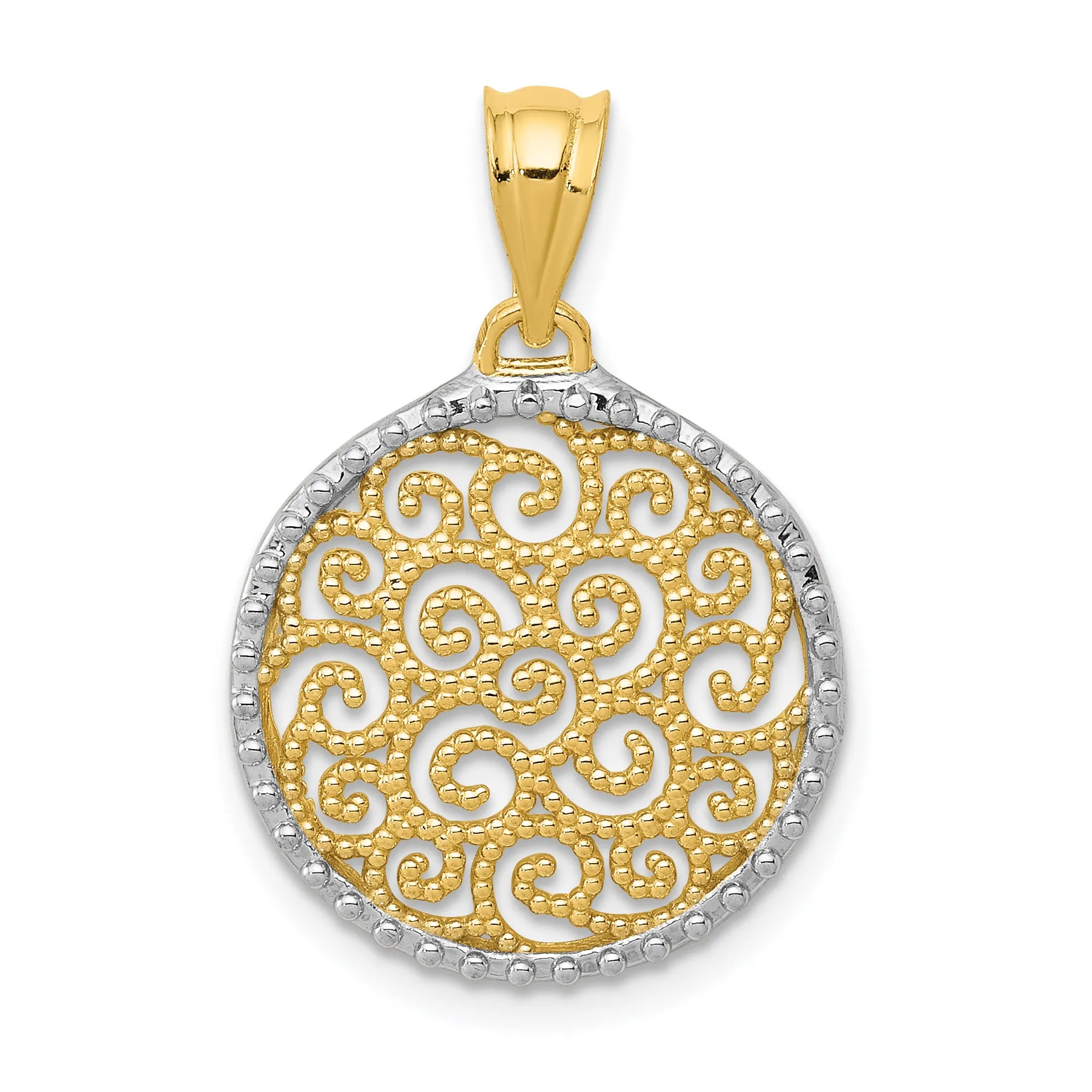 14K Gold Filigree Circle Pendant with Rhodium Accents  Elegant and Polished Design