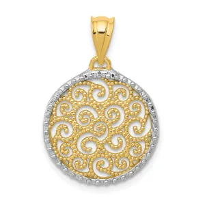 14K Gold Filigree Circle Pendant with Rhodium Accents  Elegant and Polished Design