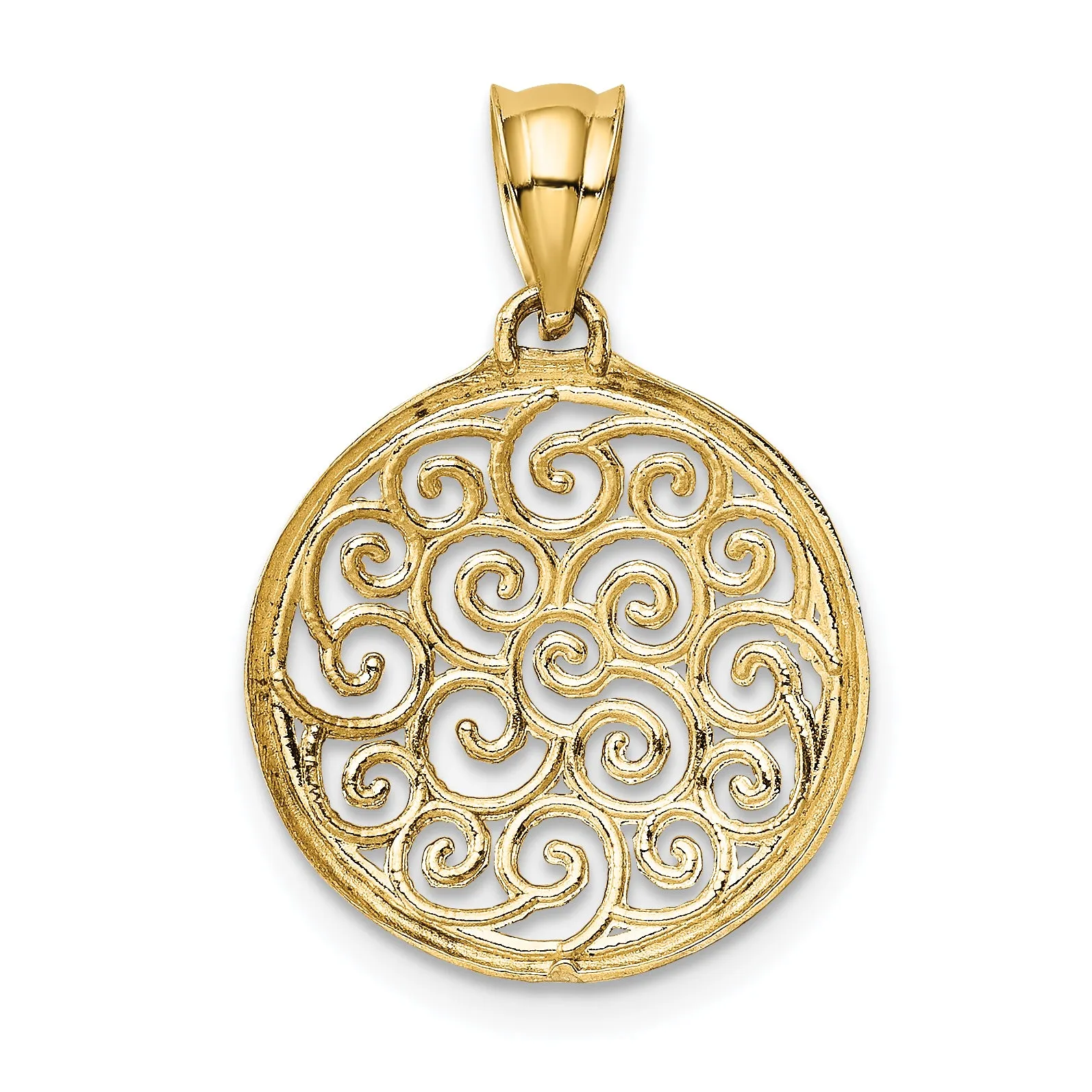 14K Gold Filigree Circle Pendant with Rhodium Accents  Elegant and Polished Design