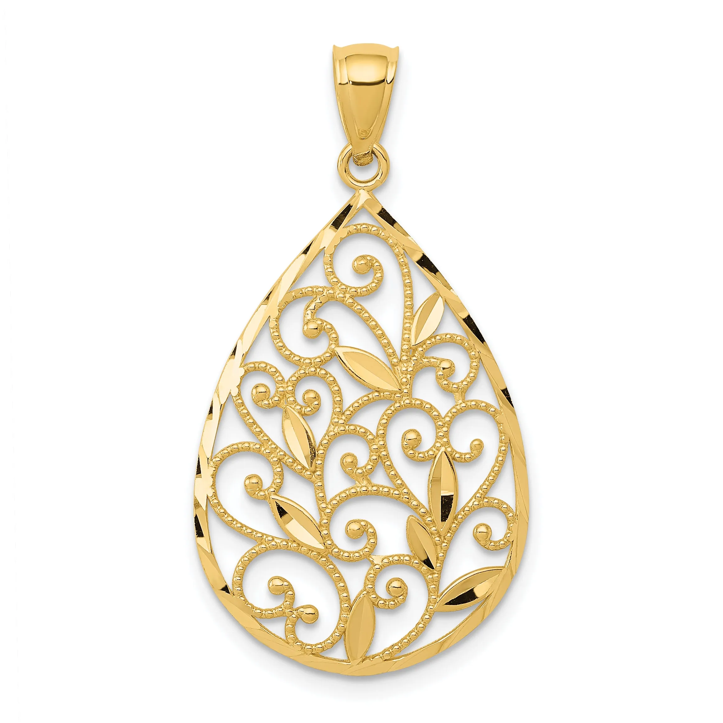 14K Gold Filigree Teardrop Pendant with Polished Textured Finish