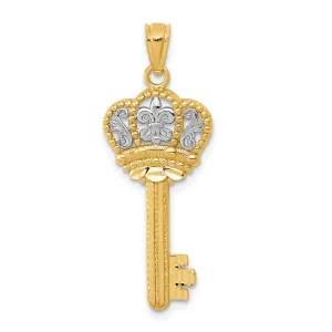14K Gold Fleur De Lis Crown Key Charm with White Rhodium Finish  Polished & Elegant