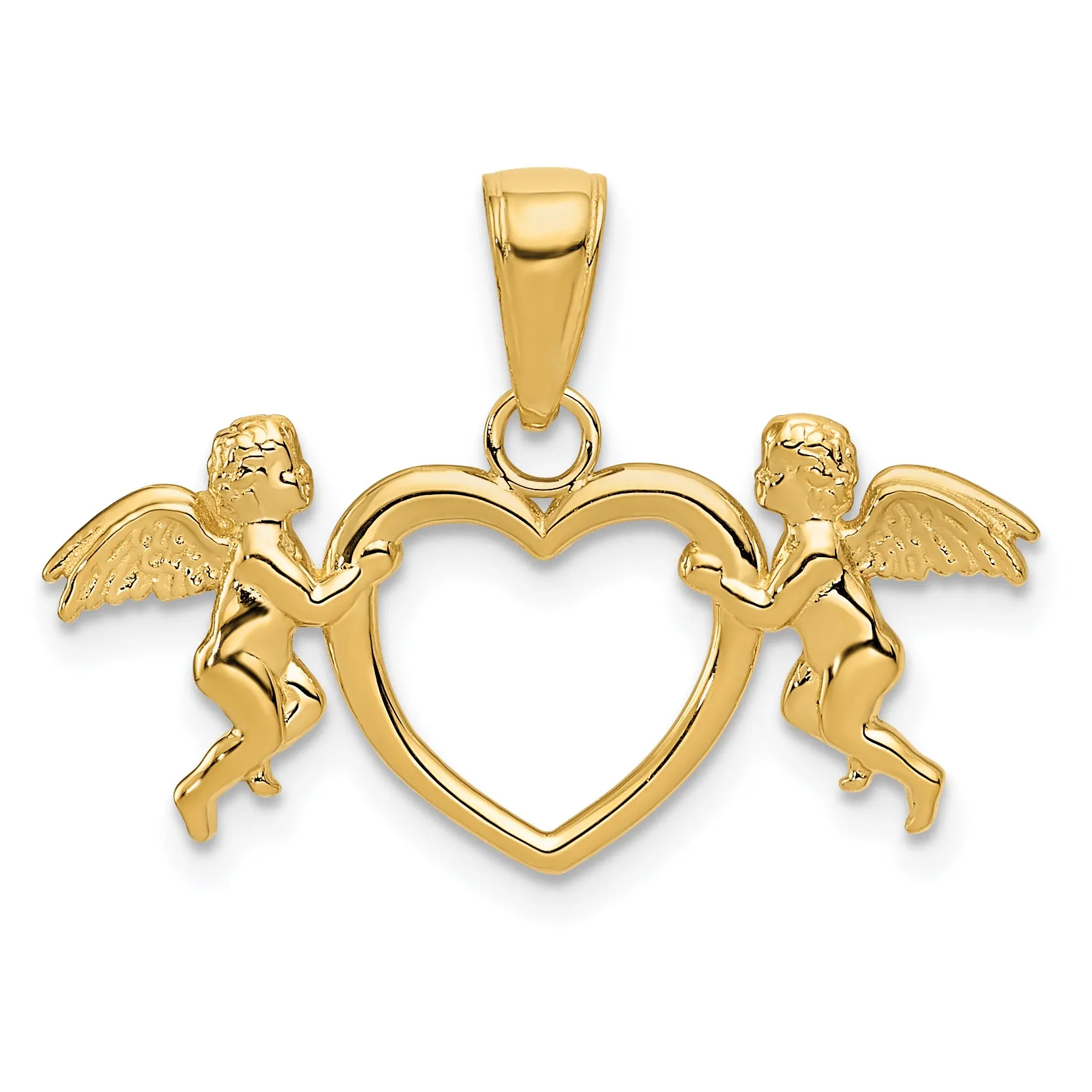 14K Gold Flying Cherubs Heart Pendant with Polished Finish