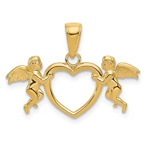 14K Gold Flying Cherubs Heart Pendant with Polished Finish
