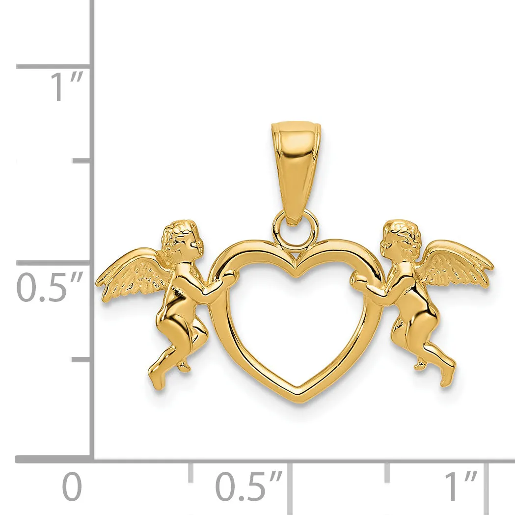 14K Gold Flying Cherubs Heart Pendant with Polished Finish