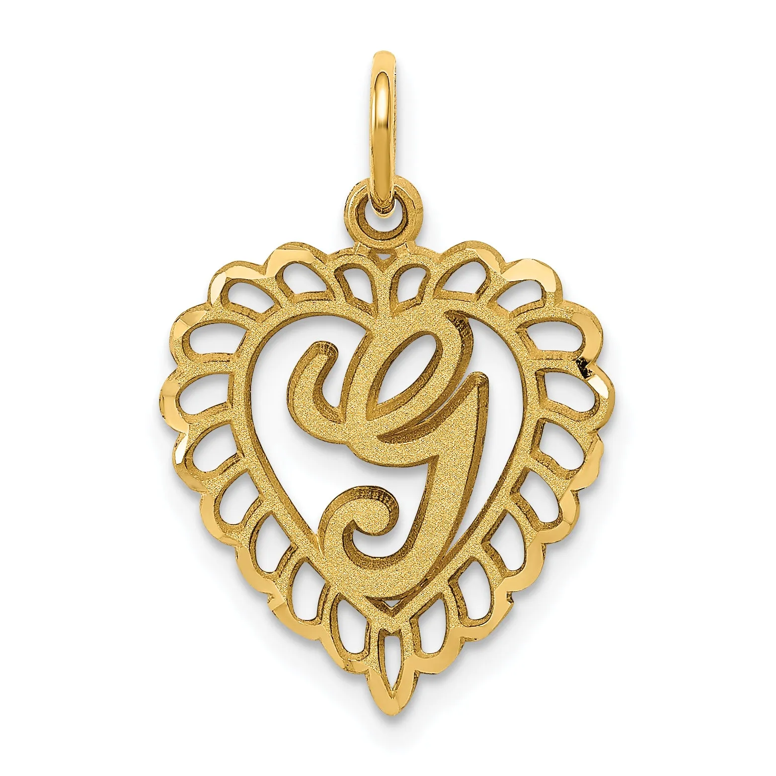 14K Gold Heart Letter G Charm with Diamond-Cut Sandblasted Finish