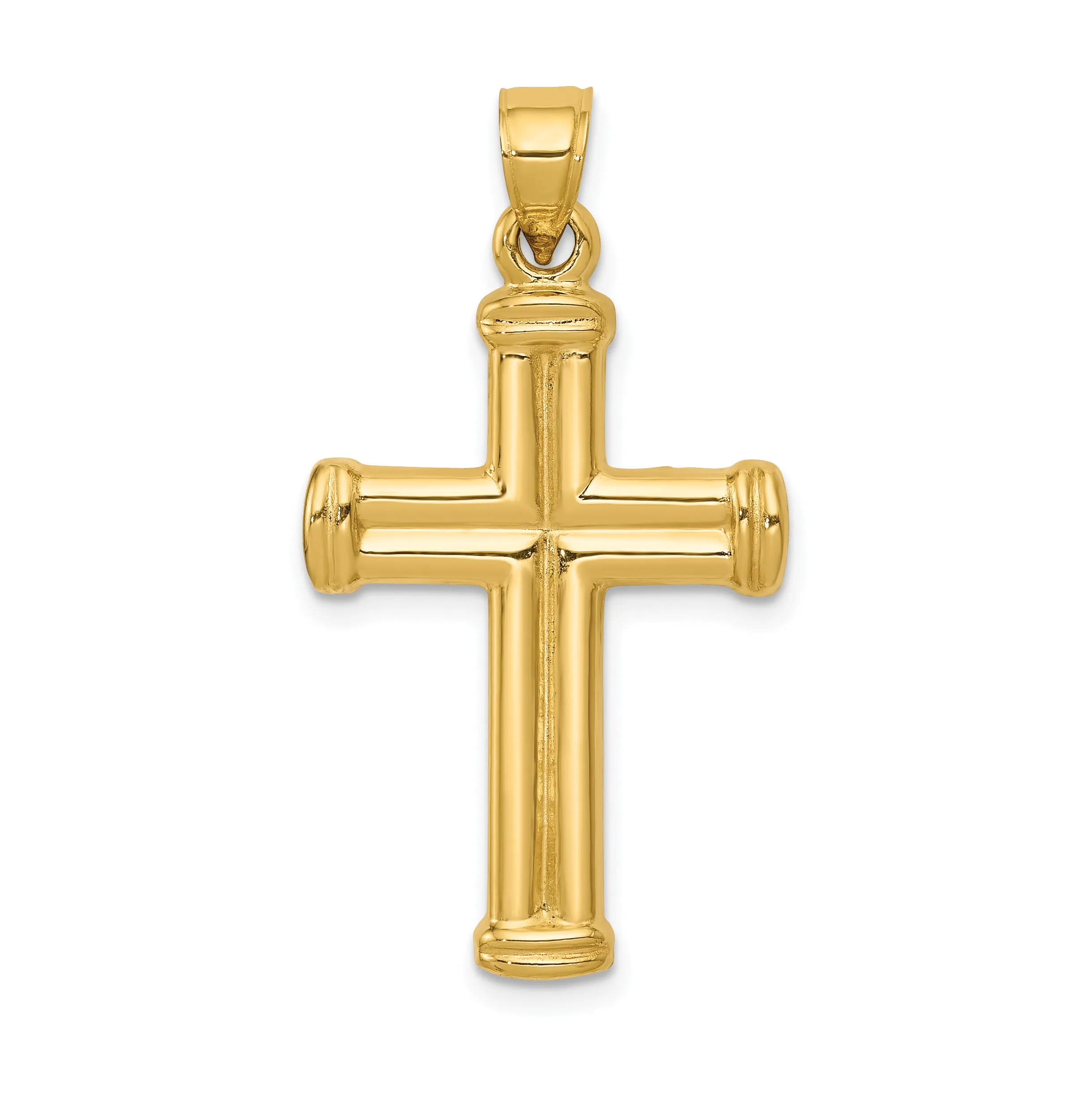 14K Gold Hollow Cross Pendant with Polished 3D Design