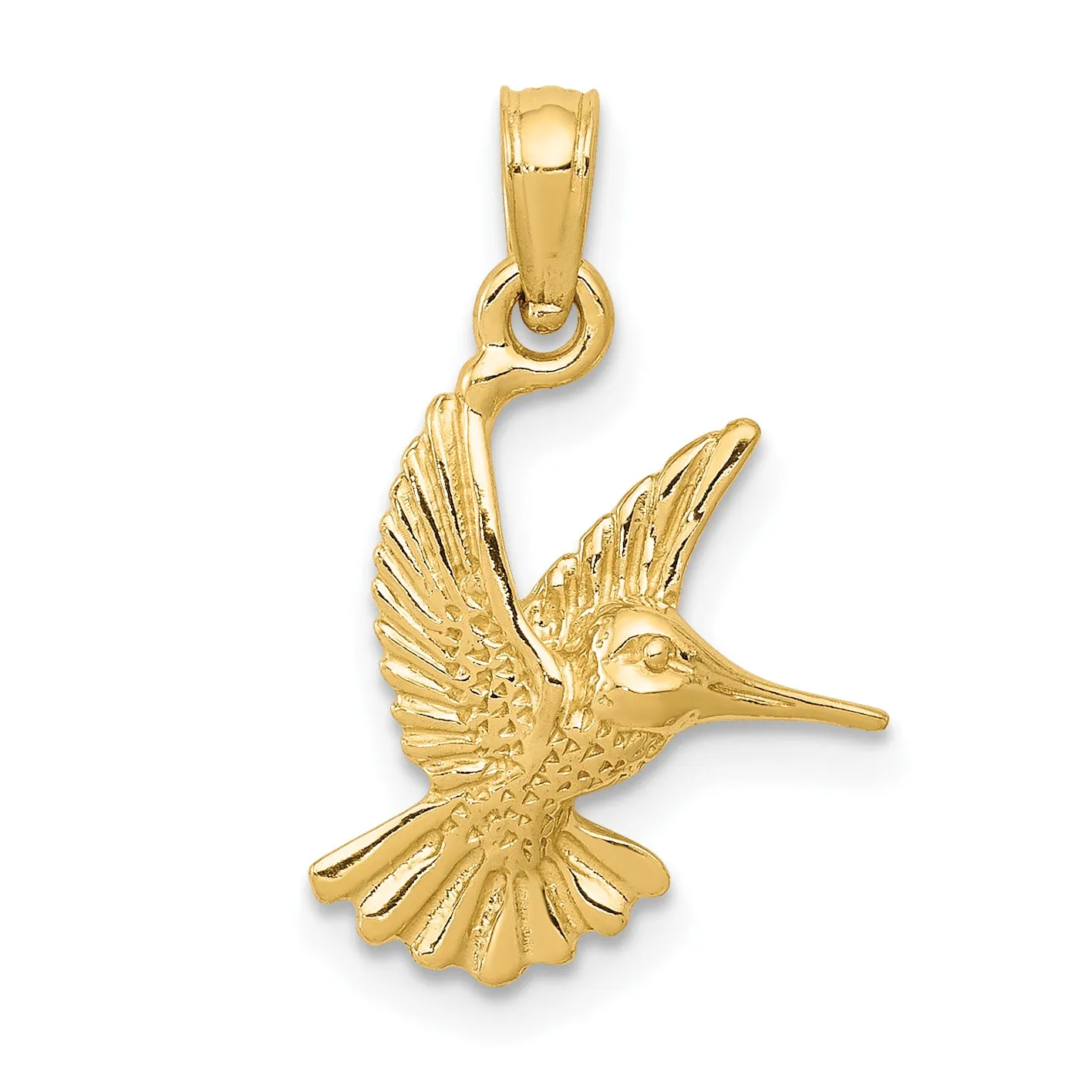 14K Gold Hummingbird Pendant with Polished Finish and Textured Design