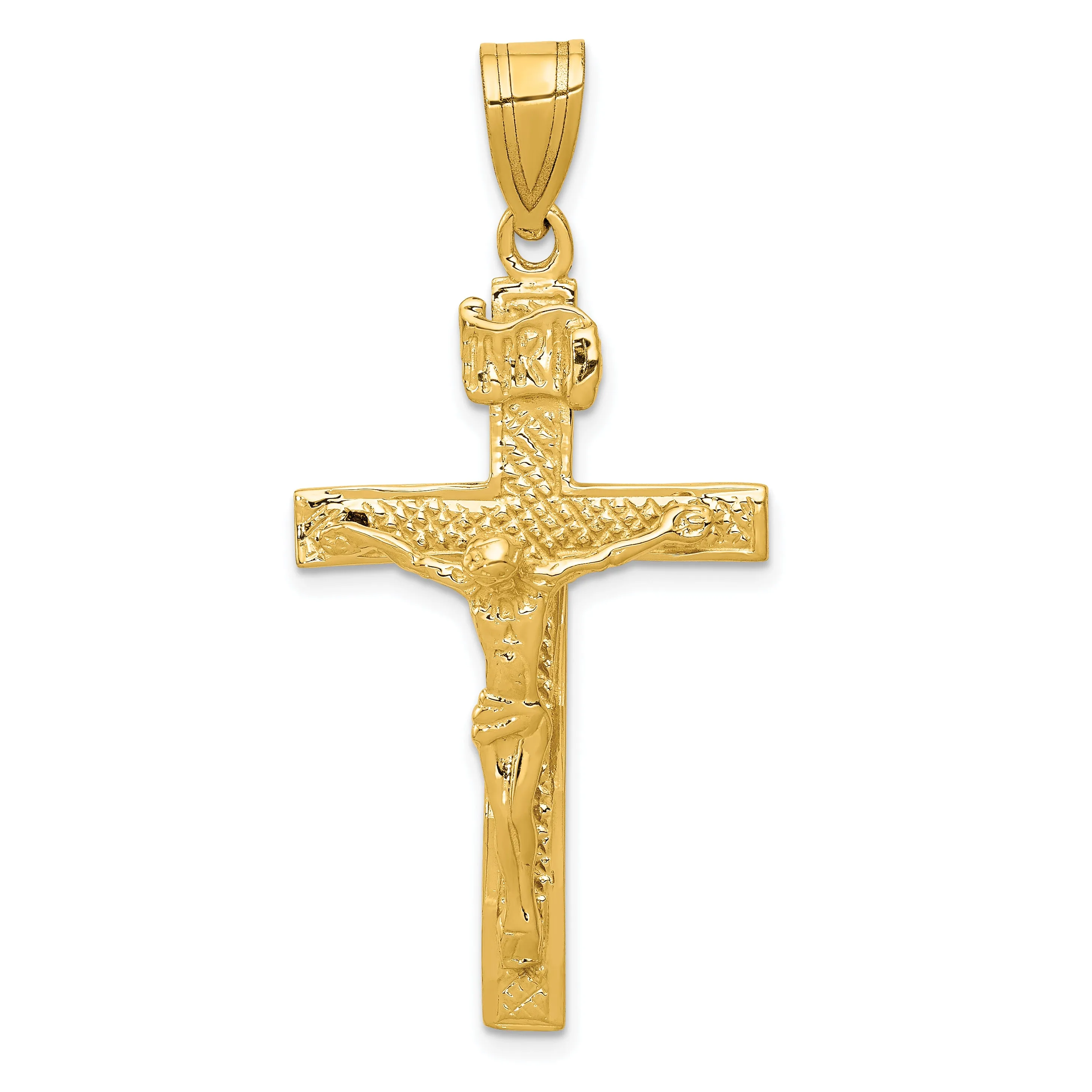14K Gold INRI Crucifix Pendant with Textured Polished Finish Elegant Religious Symbol