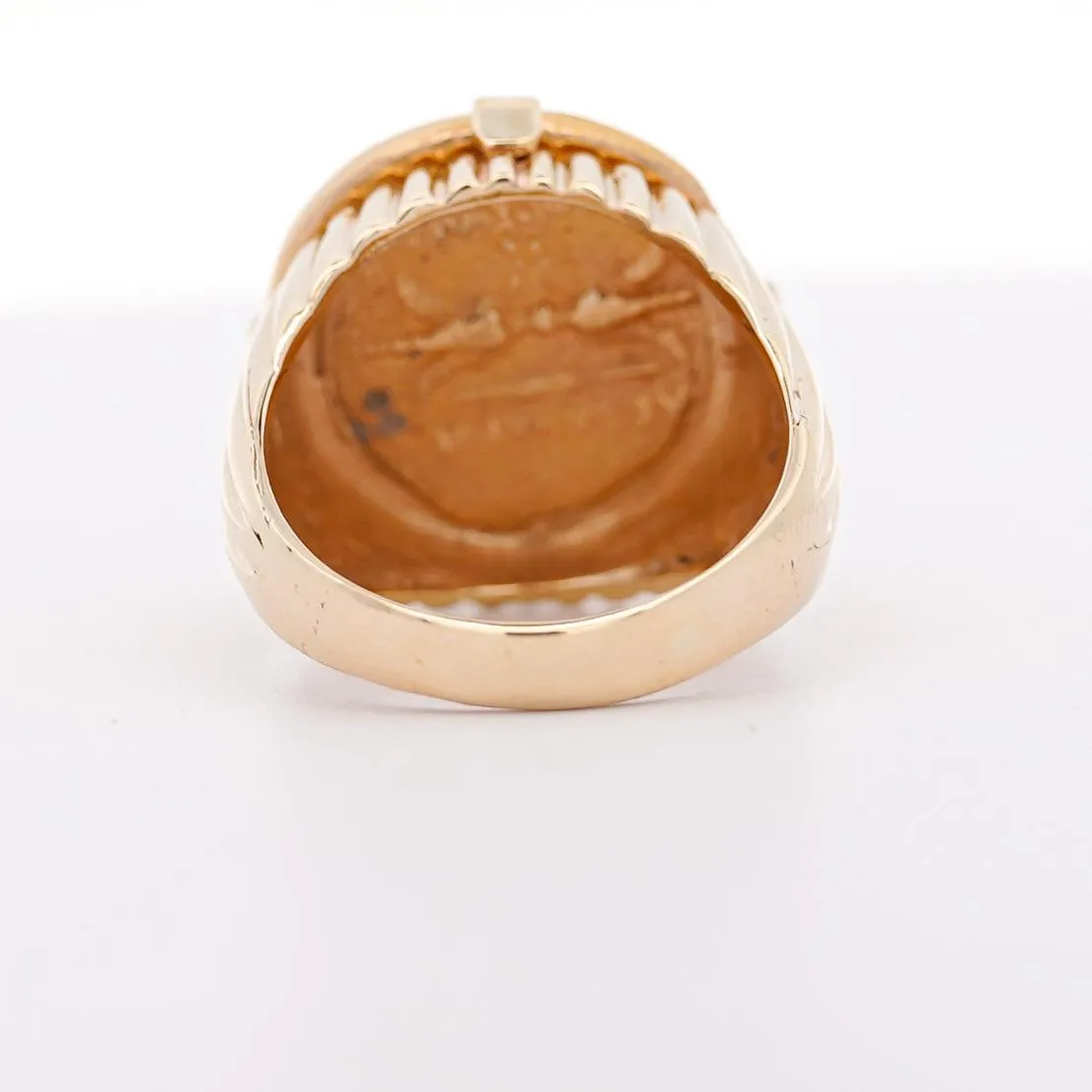 14K Gold Intaglio Zeus Coin Ribbed Band Signet Mens Ring