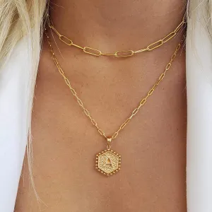 14K Gold Plated Chain Cute Hexagon Letter Pendant Choker Layered Necklace