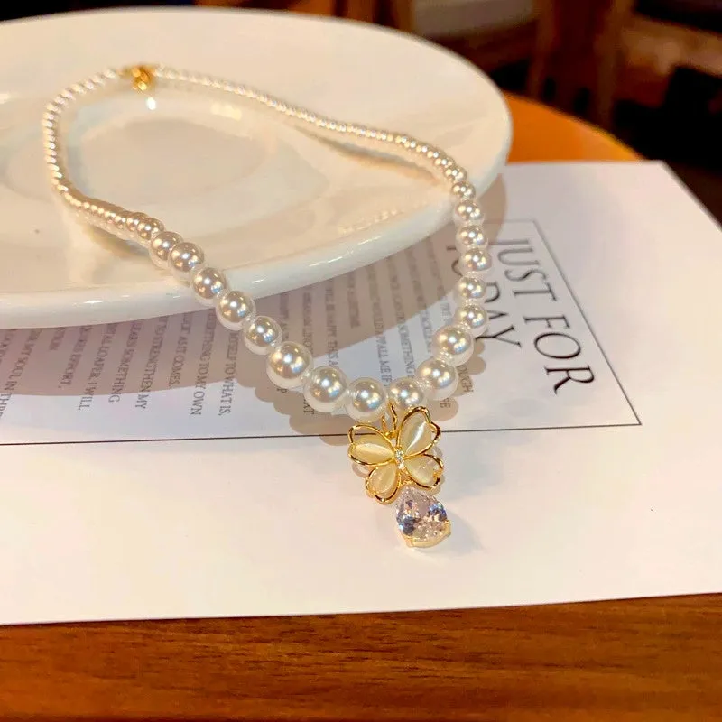 14K Gold-Plated Elegant Cat's Eye Butterfly Pearl Necklaces