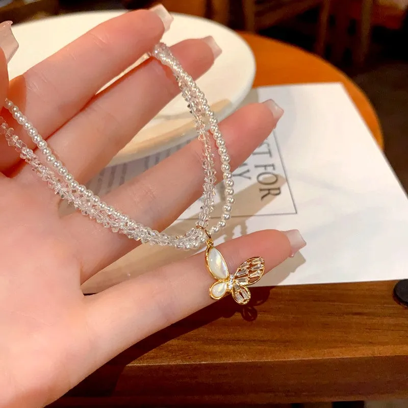 14K Gold-Plated Elegant Double-Layer Pearl Butterfly Necklaces