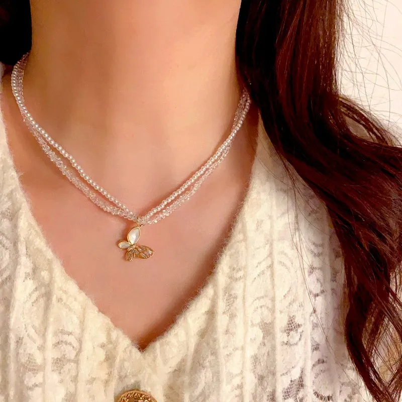 14K Gold-Plated Elegant Double-Layer Pearl Butterfly Necklaces