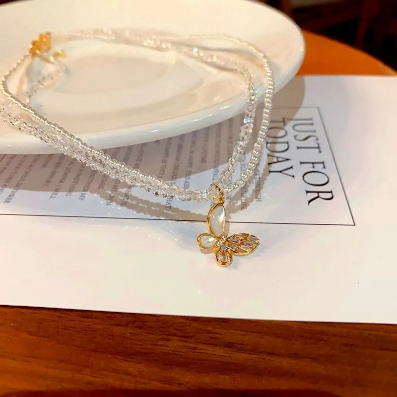 14K Gold-Plated Elegant Double-Layer Pearl Butterfly Necklaces