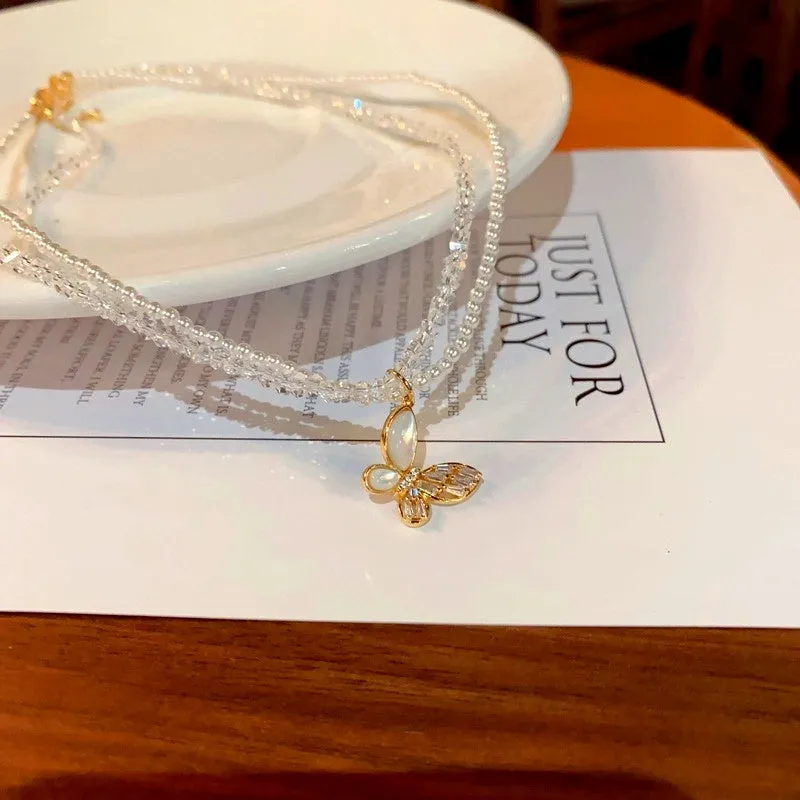 14K Gold-Plated Elegant Double-Layer Pearl Butterfly Necklaces