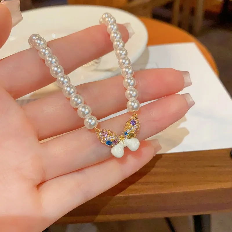 14K Gold-Plated Elegant Zircon Oil-Drop butterfly Pearl Necklaces