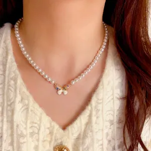 14K Gold-Plated Elegant Zircon Oil-Drop butterfly Pearl Necklaces