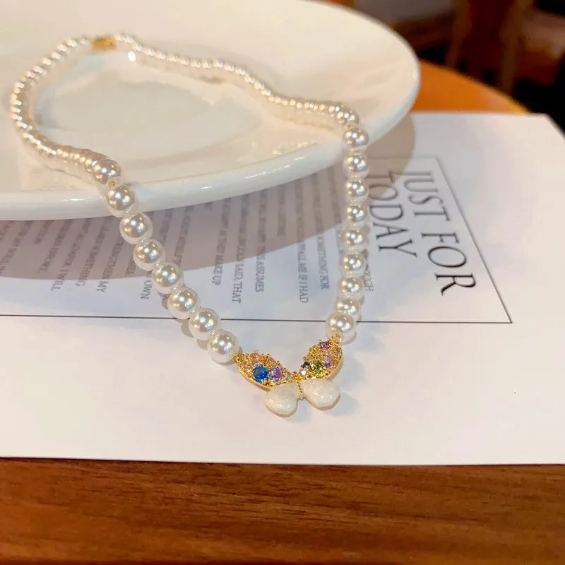 14K Gold-Plated Elegant Zircon Oil-Drop butterfly Pearl Necklaces
