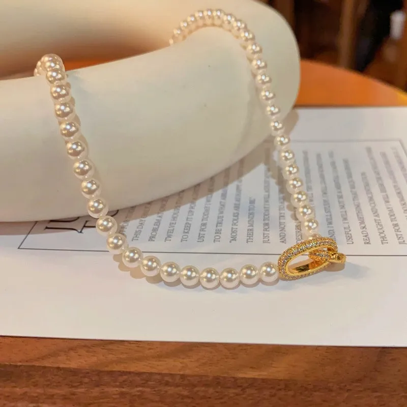 14K Gold-Plated Elegant Zircon Oval Ring Pearl Necklaces