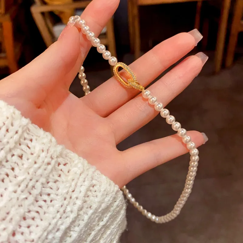 14K Gold-Plated Elegant Zircon Oval Ring Pearl Necklaces
