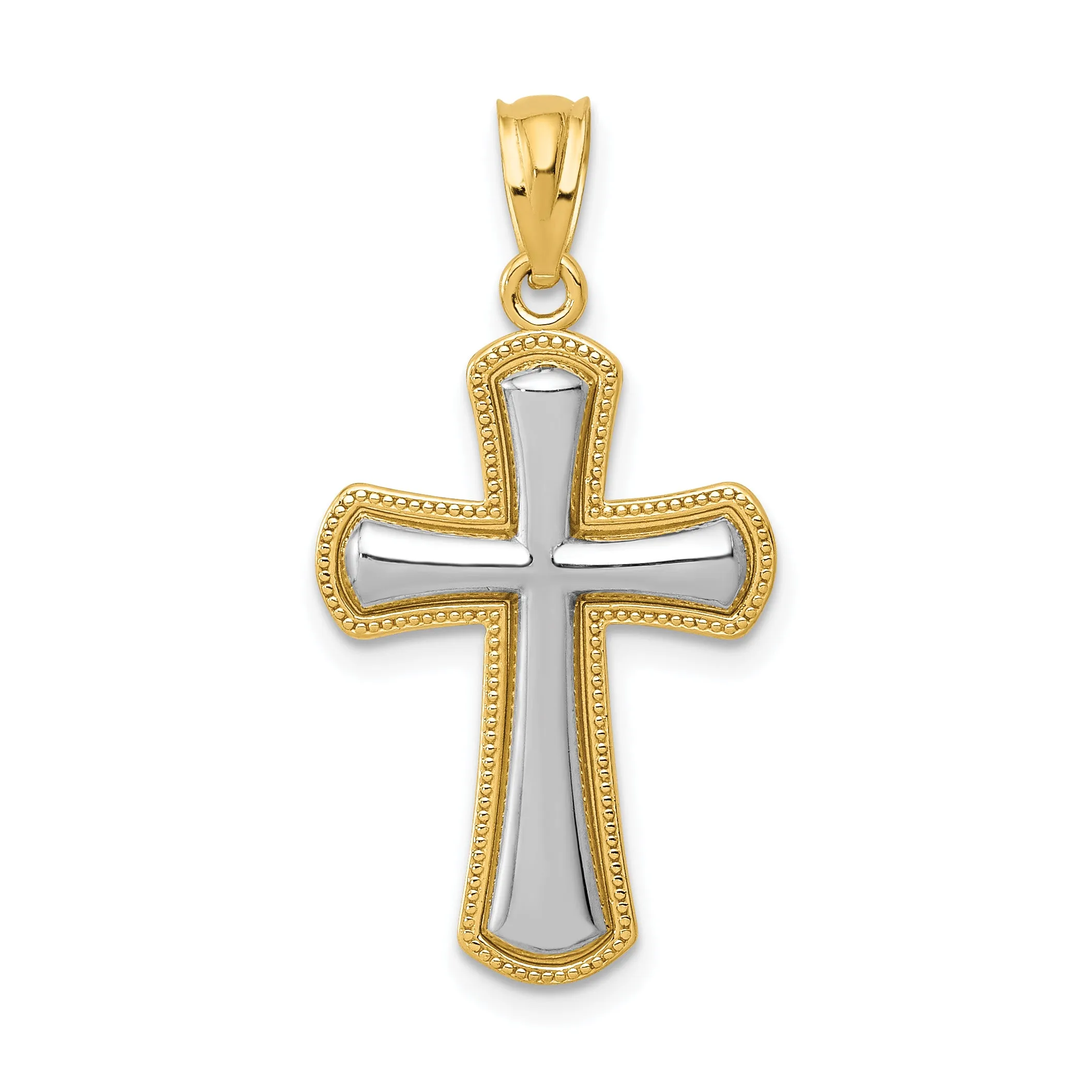 14K Gold Polished Cross Pendant with Rhodium Accents Elegant and Timeless Design