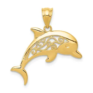 14K Gold Polished Filigree Dolphin Pendant Elegant Ocean-Themed Design