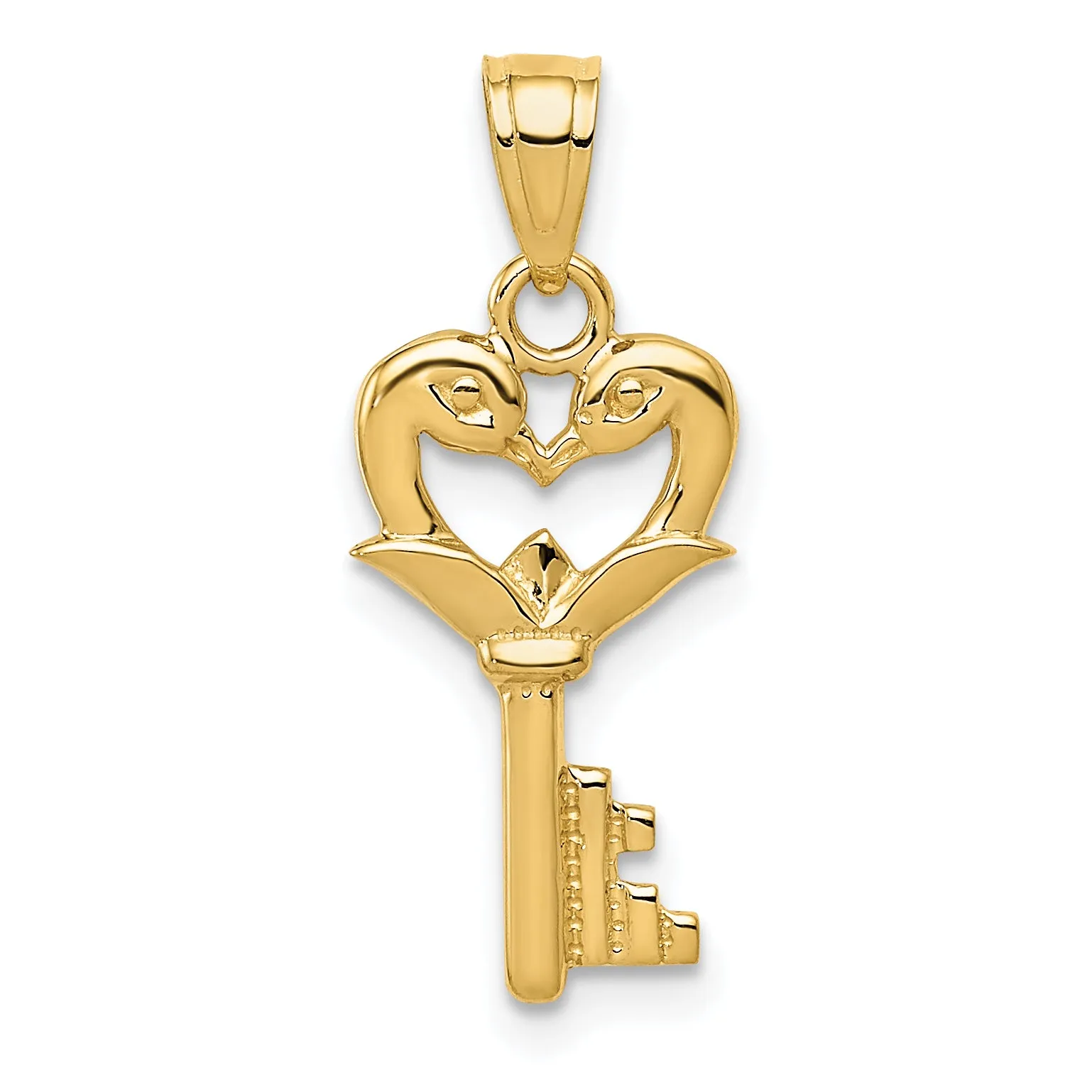 14K Gold Polished Swans Heart Key Charm  Elegant Casted Design