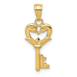 14K Gold Polished Swans Heart Key Charm  Elegant Casted Design