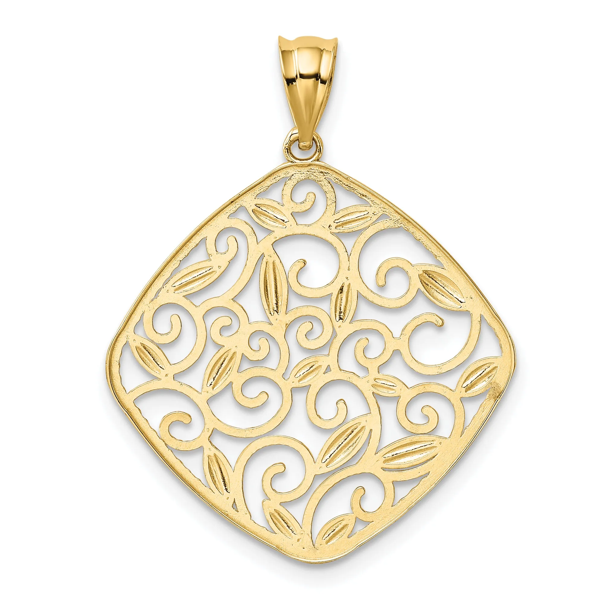 14K Gold Rhodium Diamond-Cut Filigree Swirl Pendant  Elegant & Polished Design