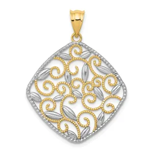 14K Gold Rhodium Diamond-Cut Filigree Swirl Pendant  Elegant & Polished Design