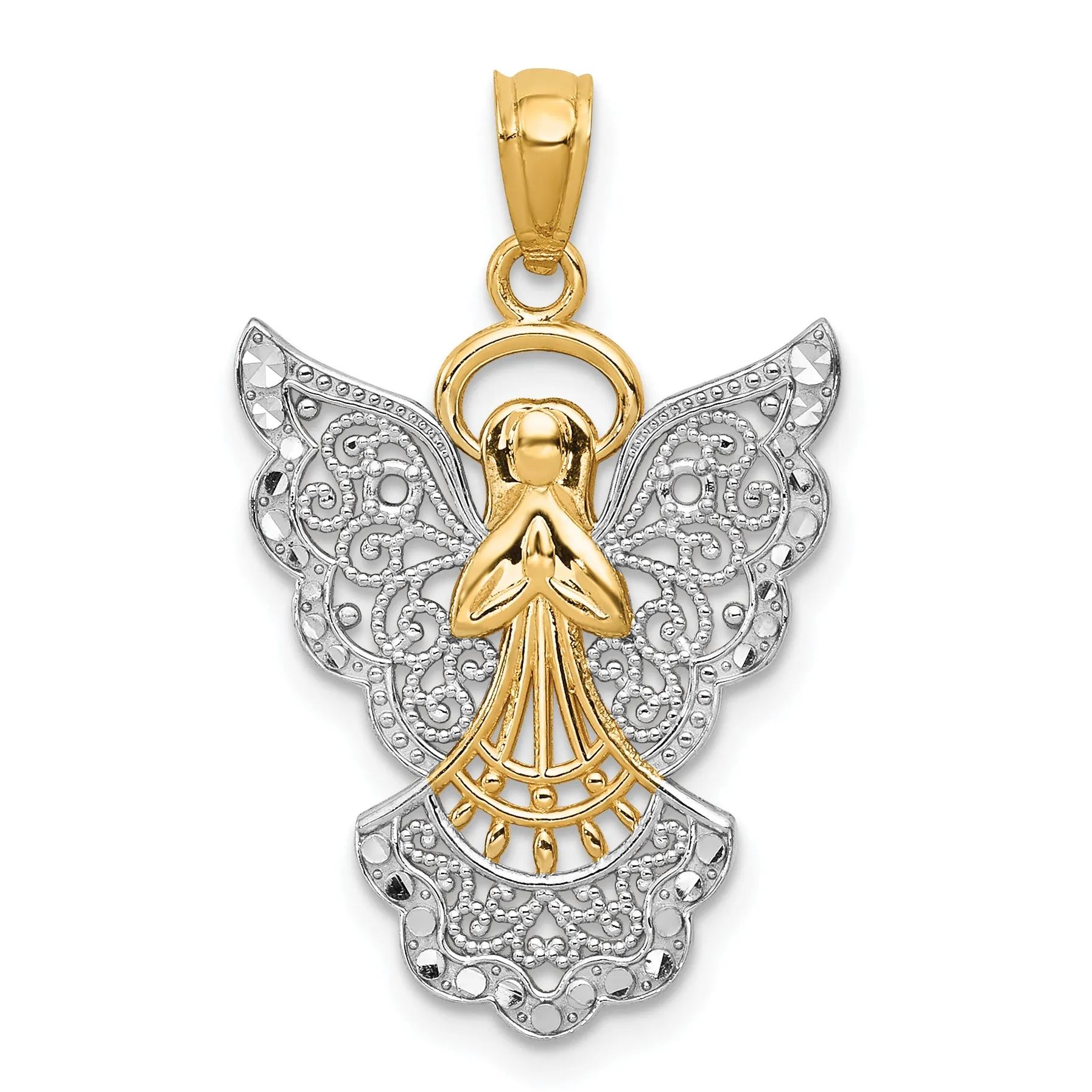14K Gold Rhodium-Plated Filigree Angel Pendant Elegant Casted Design
