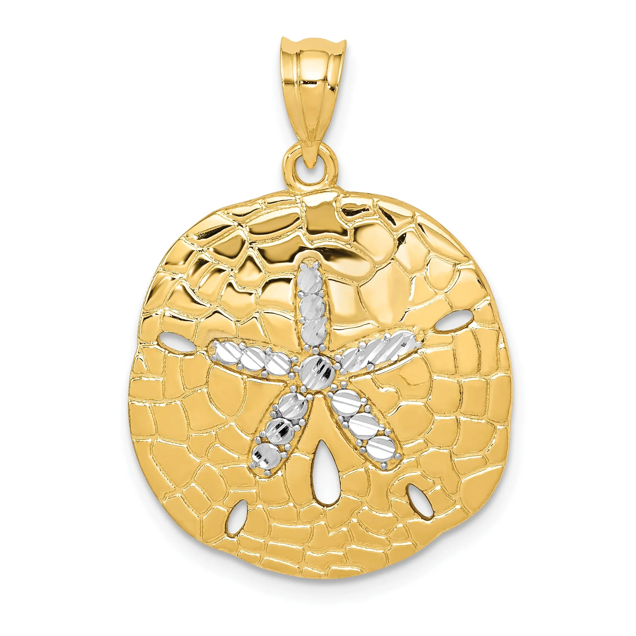 14K Gold Sand Dollar Pendant with White Rhodium Diamond-Cut Polished Finish