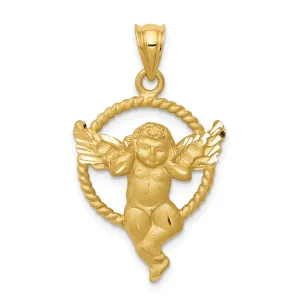 14K Gold Satin Angel in Circle Pendant with Brushed Finish