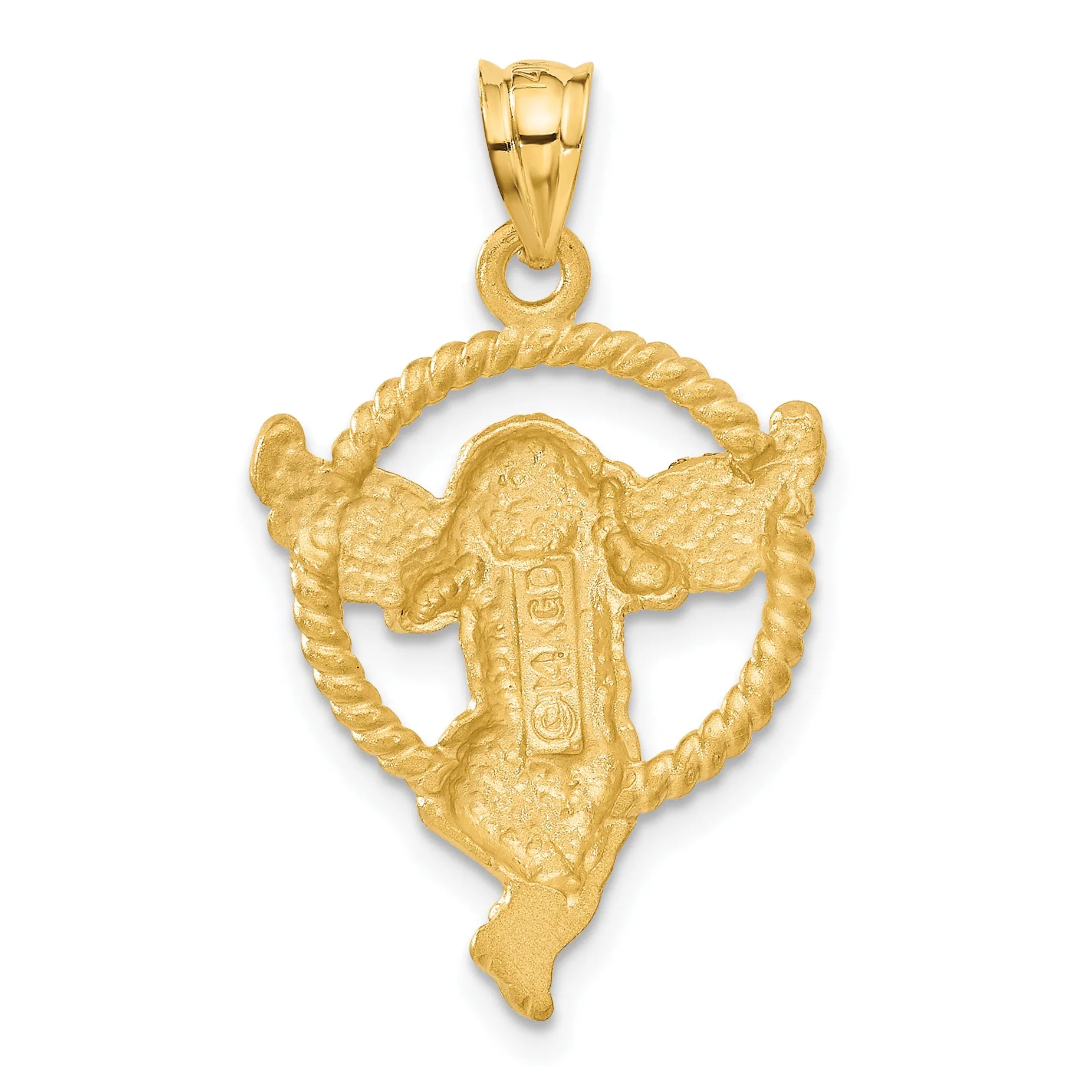 14K Gold Satin Angel in Circle Pendant with Brushed Finish