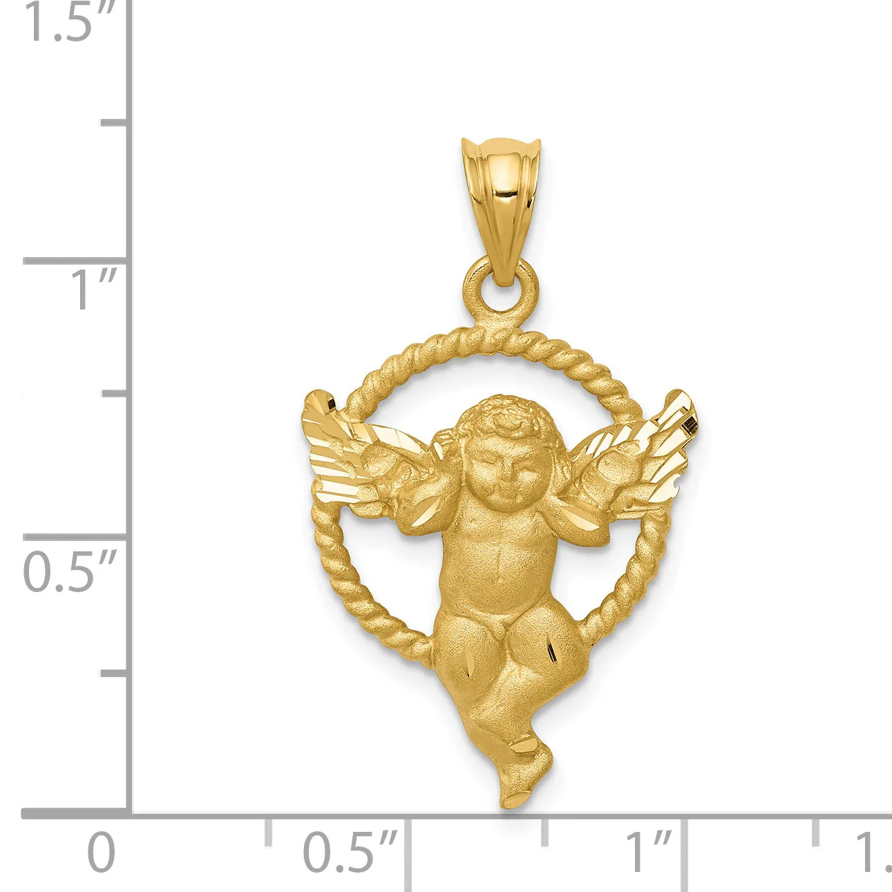 14K Gold Satin Angel in Circle Pendant with Brushed Finish